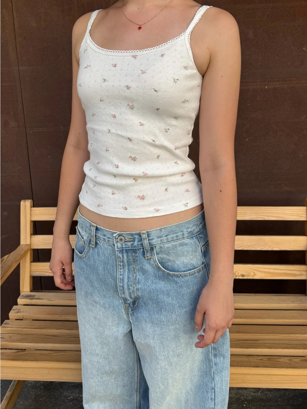 Brandy Melville White Ribbed Floral Cami with Pink Accents